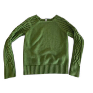 Caslan Green Cotton Blend Braided Cable Knit Raglan Sweater Size L